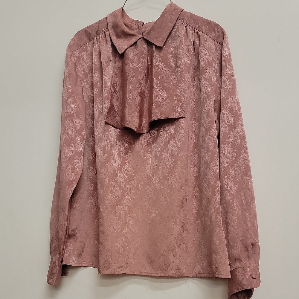 Vintage 80s Secretary Dusty Pink Brocade Blouse L